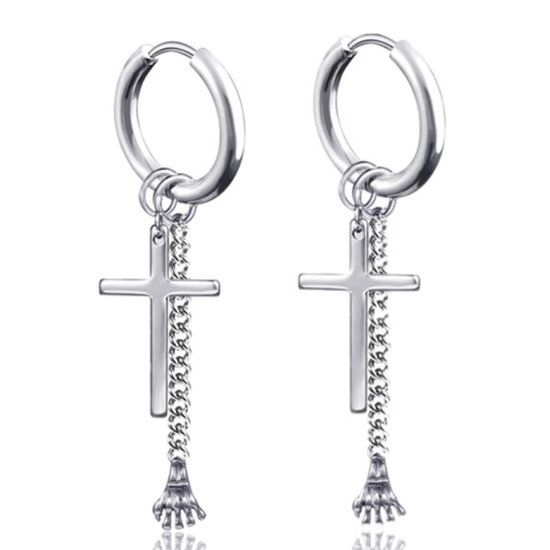 LGT JWLS Lookinggoodtoday Stalen oorringen mannen zilverkleurig staal ketting en kruis
