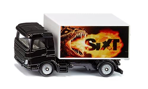 SIKU 1107 vrachtwagen met Sixt kofferopbouw, speelgoedvrachtwagen, metaal/kunststof, zwart/wit, achterklep kan worden geopend, drakenmotief,Vrachtwagen met kofferopbouw