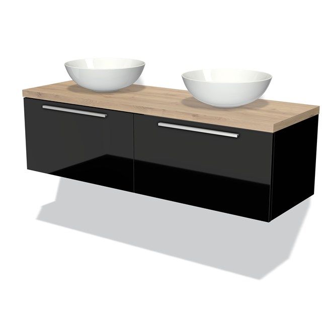 Maxaro Badkamermeubel Modulo Plato 140cm Hoogglans Zwart 2 Lades Lichtbruin Eiken