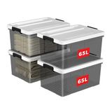 Cetomo 65L x 4 opbergdozen, plastic opbergdoos met deksels, organiserende container met veilige vergrendelende gespen, stapelbaar, nestbaar, grote bak voor huiskleding, 65L-4Pack, helder zwart
