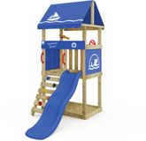 Wickey DinkyHouse Speeltoestel - Houten Klimrek Buiten met Glijbaan en Zandbak - Compact Speeltoestel voor de Tuin - Inclusief Krijtbord en Klimstenen – 303x317x247 cm - Blauw