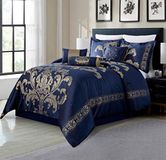 Chezmoi Collection Royale 7-delige jacquard bloemen dekbed set, oversized koningin, marineblauw/goud