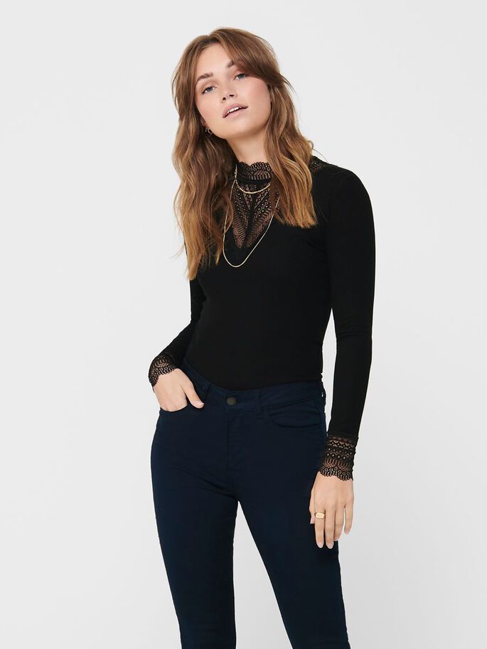ONLY ONLTILDE L/S HIGH NECK LACE TOP - Zwart - XS