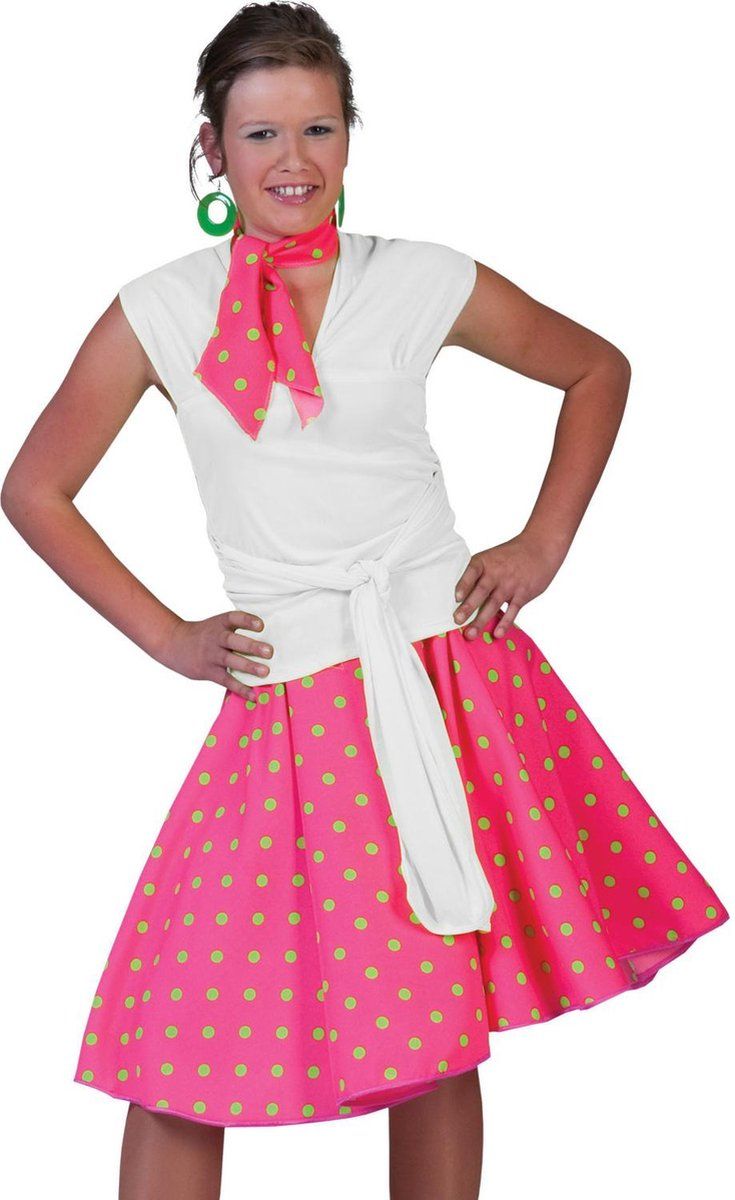 Funny Fashion Verkleedpak rok en sjaal neon roze (met groene stippen) Rock 'N Roll Skirt Neon Pink (Green Dots) Onesize