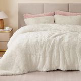 Famanu – Pluche dekbedovertrek 135 x 200 cm flanel winterset met kussensloop wit crème