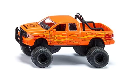 SIKU 2358, Dodge RAM 1500 met ballonbanden, speelgoedauto, 1:50, metaal/kunststof, zwart/oranje, verwisselbare wielen, deur, motorkap en achterklep kunnen geopend worden