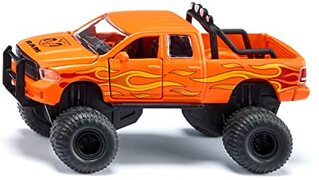 SIKU 2358, Dodge RAM 1500 met ballonbanden, speelgoedauto, 1:50, metaal/kunststof, zwart/oranje, verwisselbare wielen, deur, motorkap en achterklep kunnen geopend worden