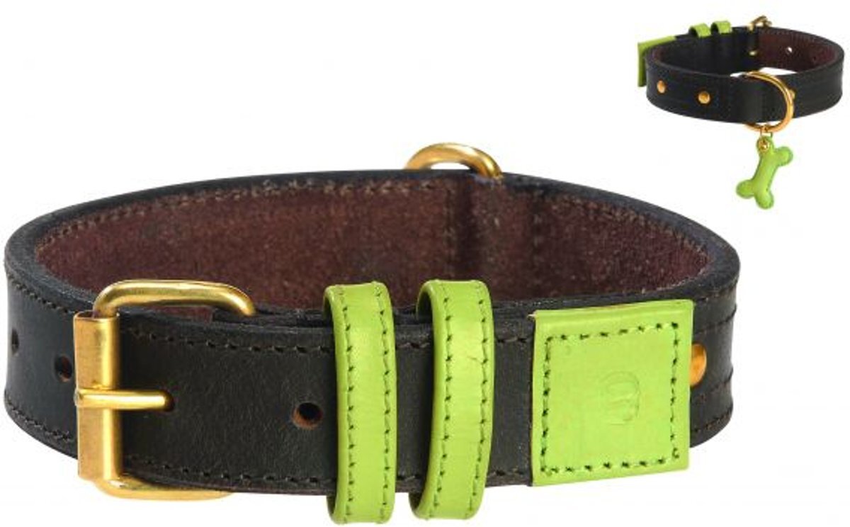 Bobby halsband voor hond urban bruin groen 45x2,5 cm Leren halsband in groen met leren applicatie, 45 cm