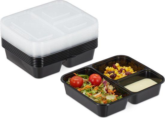 Merkloos Relaxdays Meal Prep Bakjes - Set van 10 - 3 Vakken - 1000 ml - Zwart/Transparant