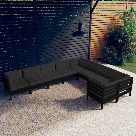 vidaXL 9-delige Loungeset met kussens grenenhout zwart