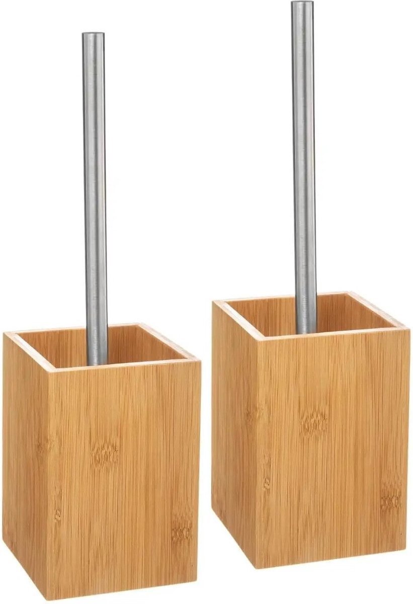 5five - 2x stuks WC-/toiletborstels met houder vierkant bamboe 36,5 cm