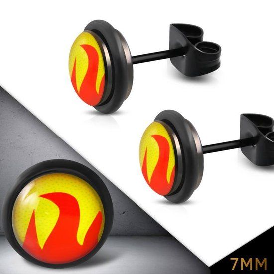 Aramat jewels ® - Ronde oorstekers vlammen rood geel acryl staal 7mm