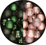 Kaemingk B.V. 28x stuks petite boules de Noël en plastique souple rose et vert sapin 3 cm