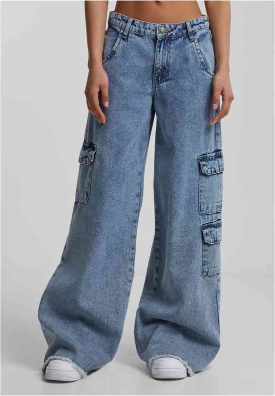 Urban Classics Mid Waist Cargo Denim Wide Leg Jeans - Women's W26 - Blue