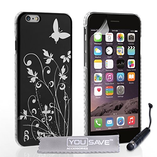 Yousave Accessories Yousave Accessoires Bloemen Vlinder Hard Cover Case met Mini Stylus Pen voor iPhone 6 - Zwart/Zilver