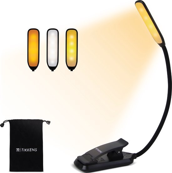 Tikkens TIKKENS® Oplaadbaar USB leeslampje met Klem - Amberkleurig Licht - Oog Vriendelijk - Betere Nachtrust - Oplaadbare Batterij - Geschikt voor Lezen/Boek/Kindle/Tablet/iPad/Muziek/Laptop/Studie