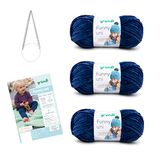 Gründl Breiwol Funny Uni gebreide set (fluweelachtig chenillegaren) 3 x 100 g + naalden 5-6 + handleiding voor een babydeken, marineblauw