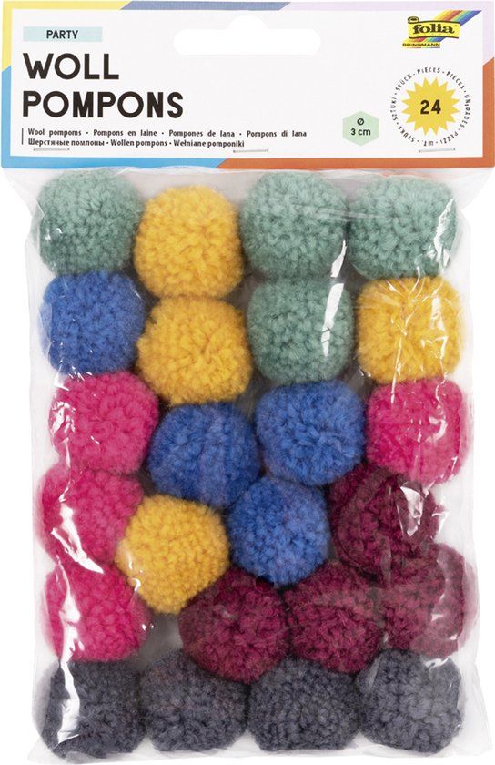 Folia Gekleurde pomponnen 'Party', 24 stuks, Multi colour, Hout