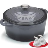 Overmont Braadpan van emaille gietijzer, stoofpan, 24 cm, geschikt voor de oven, met deksel en kookboek, voor keuken, bakken, smoren, braden, grijs