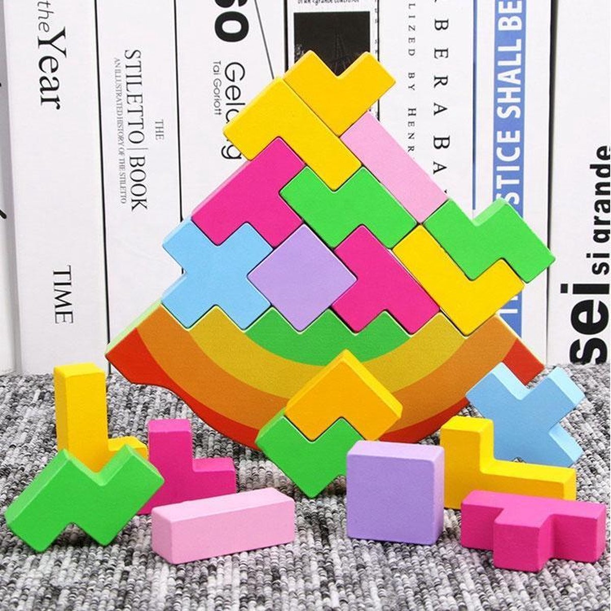 WoodyDoody Montessori Balanceer Puzzel Groot 18cm met Tangram Tetris Blokjes Kleuter Educatief Speelgoed 4 jaar Houten Blokken Peuter Speelgoed Blokken -