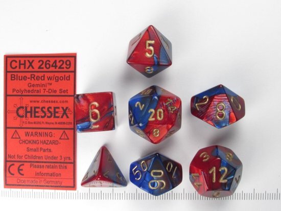 Chessex dobbelstenen set 7 polydice Gemini blue-red w/gold