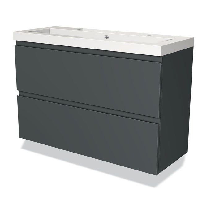 Maxaro Badkamermeubel 100cm Modulo Slim Donkergrijs 2 Lades Greeploos Wastafel Mineraalmarmer
