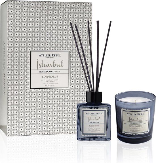 Atelier Rebul Istanbul Bosphorus - Luxury Home Geschenkset - Geurstokjes (120ml) + Geurkaars (210g) - Frisse & Aquatische Geur - Cadeauset voor Man & Vrouw