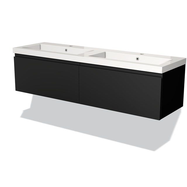 Maxaro Badkamermeubel 160cm Modulo Mat Zwart 2 Lades Greeploos Wastafel Mineraalmarmer