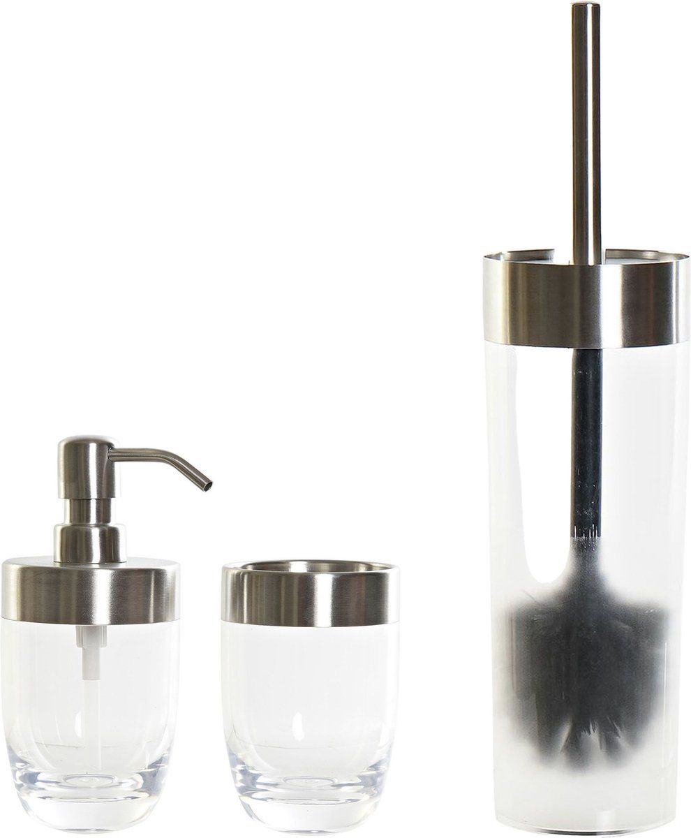 Toiletborstel transparant/zilver kunststof 35 cm met zeeppompje 300 ml en beker