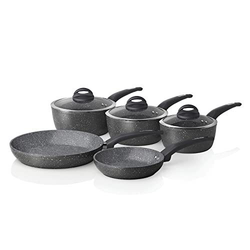 Tower Cerastone T81276 Gesmeed 5 Stuk Pan Set met Non-Stick Coating en Zacht Aanraken Handvatten, 18/20/22 cm Steelpannen en 20/28 cm Frituren Pannen, Grafiet