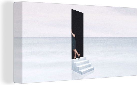 OneMillionCanvasses Canvas Schilderij - Abstract - Man - Deur - Trap - Wit - 40x20 cm