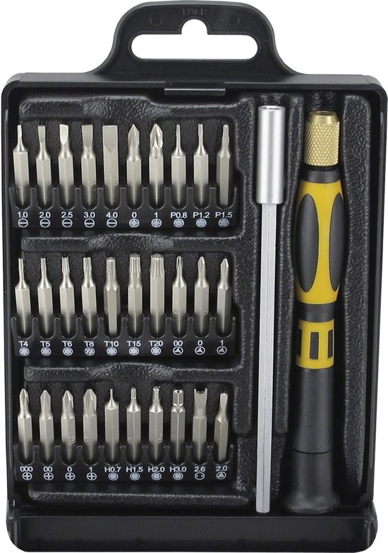 Deltaco VK-47 Gereedschap Kit met hulpmiddelen voor smartphones tablets en laptops 32 delen zwart / geel
