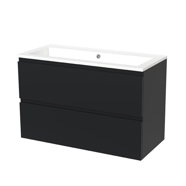 Maxaro Badkamermeubel 100cm Modulo Mat Zwart 2 lades Greeploos Wastafel Mineraalmarmer