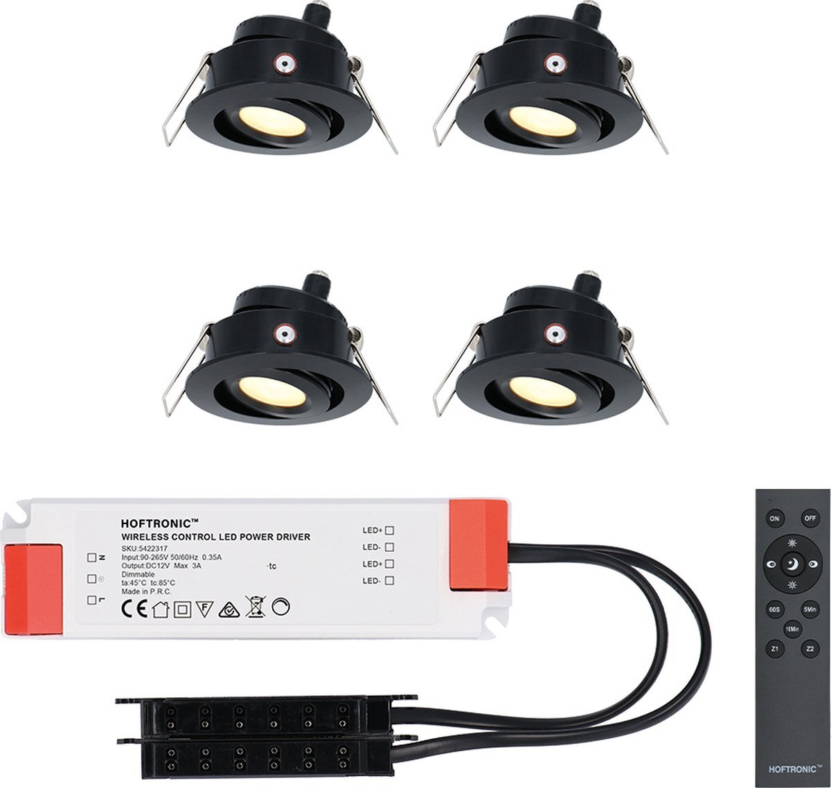 HOFTRONIC Set van 4 Sienna - LED Inbouwspot voor veranda, overkapping en badkamer - Zwart - 12 volt - Incl. afstandsbediening - Dimbaar en kantelbaar - 3 Watt 200 lumen - Zaagmaat: Ø 44 mm - extra plat 30mm - 2700K Warm wit - IP44 waterdicht