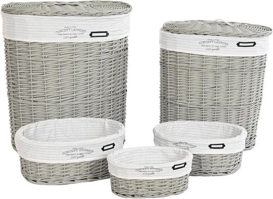 DKD Home Decor Mandenset - Wit Grijs Vlechtwerk - 5 Onderdelen