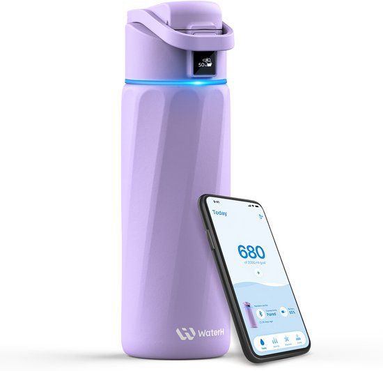 WaterH BOOST - Slimme Waterfles met Herinnering om Water te Drinken & Water Tracker Fles - Dubbelwandige stalen drinkfles - Wijde opening - 710ml - Paars