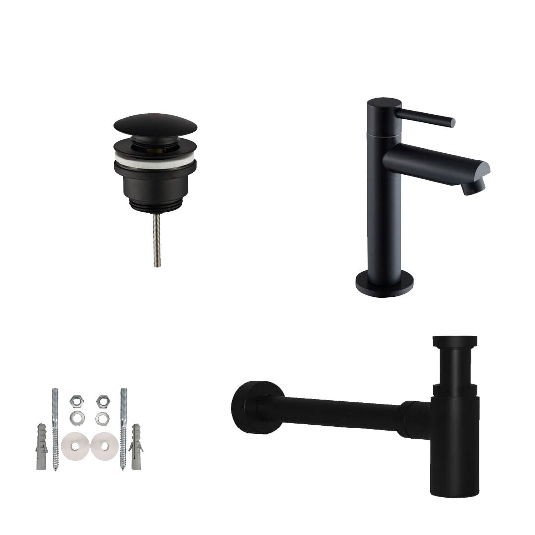 Badkamerplanet Toiletkraan set met afvoer en design sifon mat zwart