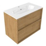 Saniclass Set de meuble de salle de bain avec cadre en bois - 80x45x73.9cm - Lavabo en céramique Chaci blanc - 1 vasque - 1 trou de robinet - 2 tiroirs - chêne mat naturel (bois) SW1578576/SW718717