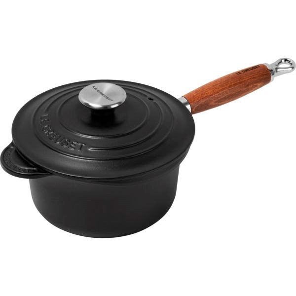 Le Creuset Sauspan met deksel en houten steel Ø 18 cm gietijzer mat zwart