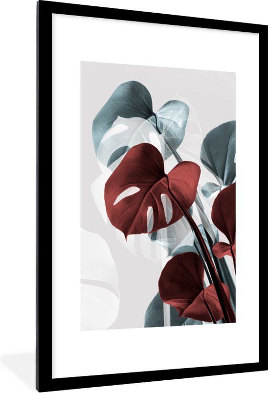 Fotolijst incl. Poster - Monstera - Rood - Pastel - Stilleven - 80x120 cm - Kunststof - Rechthoek