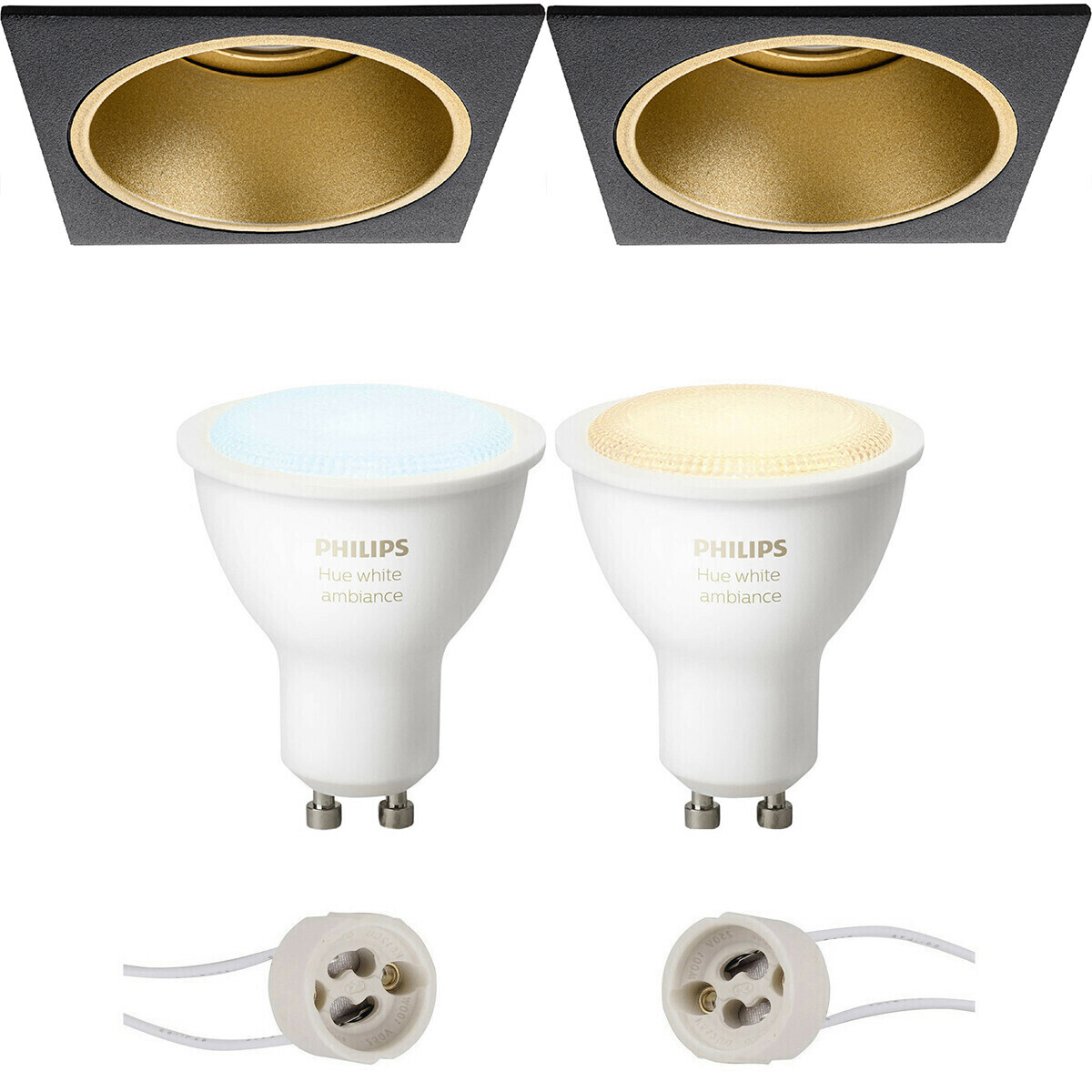 BES LED Pragmi Minko Pro - Inbouw Vierkant - Mat Zwart/Goud - Verdiept - 90mm - Philips Hue - LED Spot Set GU10 - White Ambiance - Bluetooth