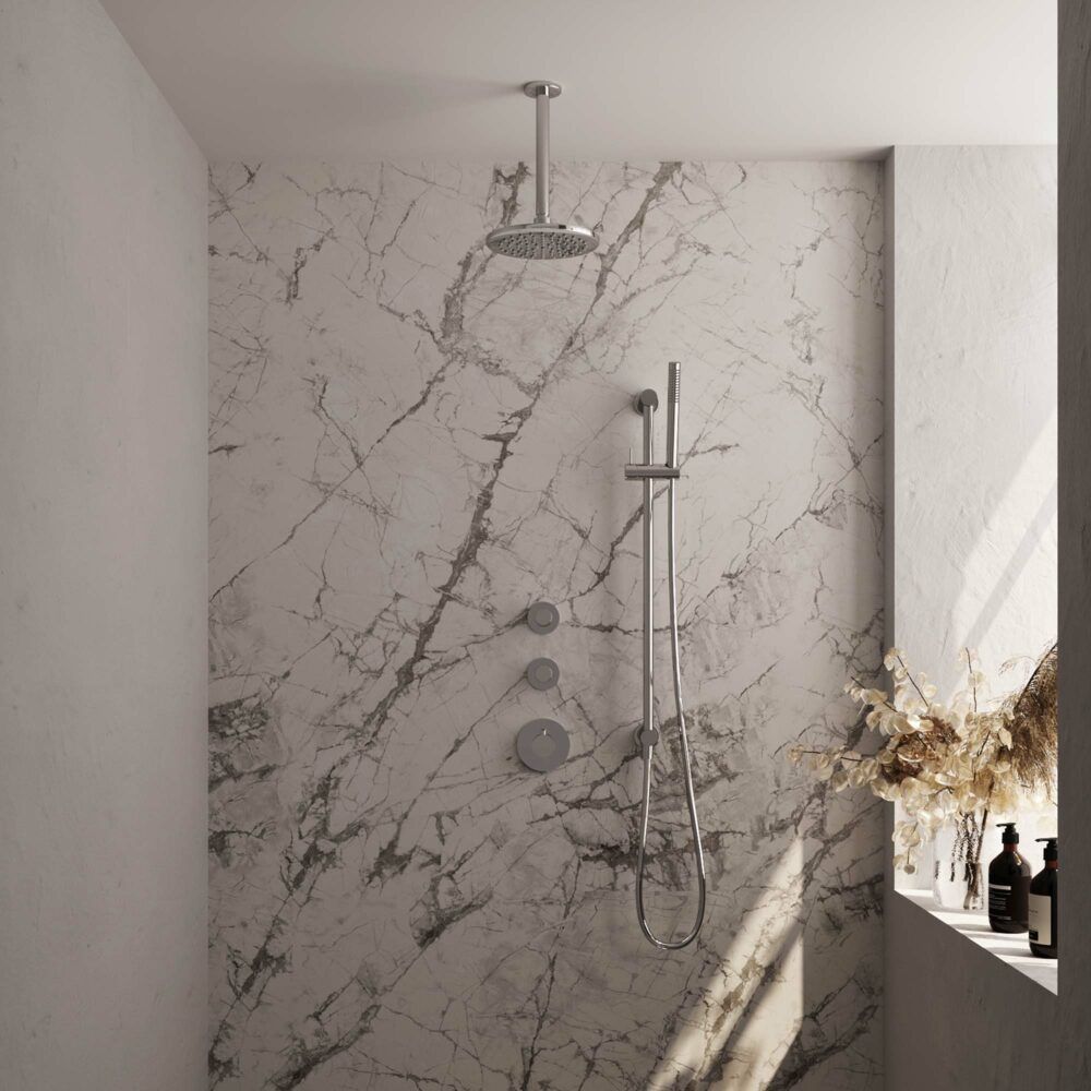 Brauer Chrome Carving thermostatische inbouw regendoucheset 20cm plafondarm met 20cm ronde hoofddouche 1 stand staafhanddouche 150cm gladde doucheslang met glijstang en handdouchehouder Chroom 5-CE-113