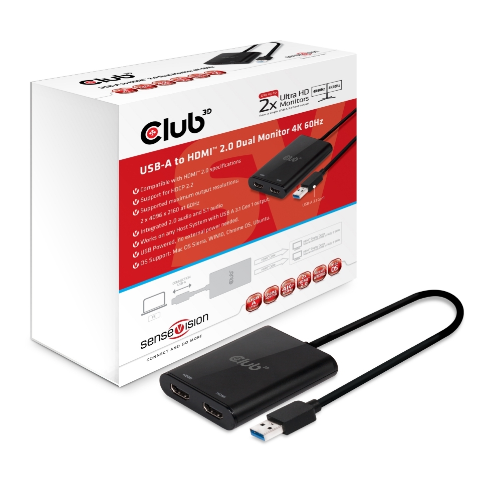 Club 3D USB A to HDMI™ 2.0 Dual Monitor 4K 60Hz