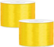 Merkloos Partydeco Cadeaulint - Geel - 5 cm x 25 meter - Satijn - 2 stuks