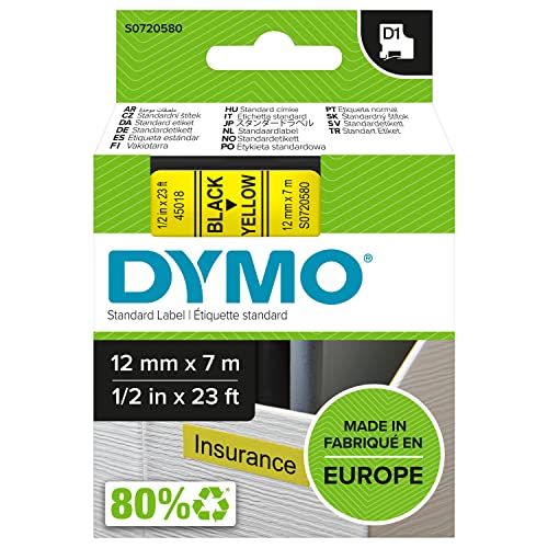 DYMO D1 labels | Zwarte opdruk op gele tape | 12 mm x 7 m