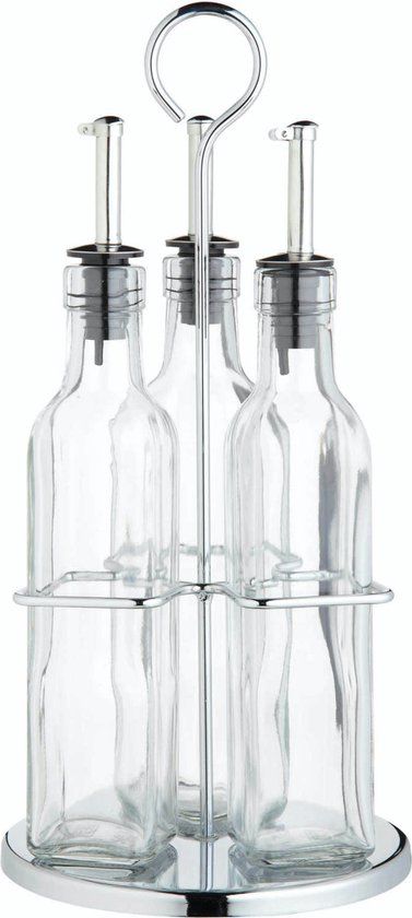 KitchenCraft World of Flavours Olie- en Azijnflessenset - Glas Pakket Met 3 Flessen En Caddy