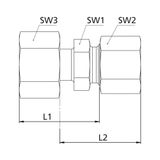 Riegler V 215-VM Reductie, buisbuiten-Ø moffen 12/10 mm, PN max. 315 bar, SW1 17, SW2 19, SW3 SW 22, verzinkt staal.