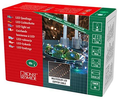 KONSTSMIDE 1465-560, Micro LED Fairy Lights, Firecracker, met 6h timer, 60 kleurrijke diodes, batterij aangedreven, binnen, koperkleurige draad