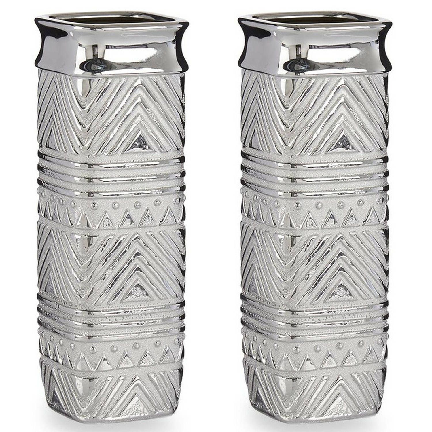 Gift Decor Bloemenvazen 2x Stuks - Zilver Modern Vierkant - 10 x 30 cm - Keramiek - Vazen