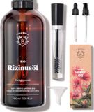 Bionoble Biologische ricinusolie, 100 ml, 100% zuiver, natuurlijk en koudgeperst, voor haar, wimpers en wenkbrauwen, glazen fles + pompje + pipet + mascara-set, castorolie, ricinusolie
